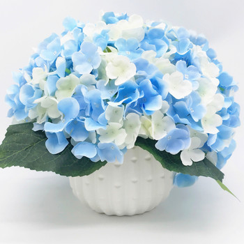 Blue and Cream Artificial Hydrangea Flower Arrangement with White Ceramic Vase