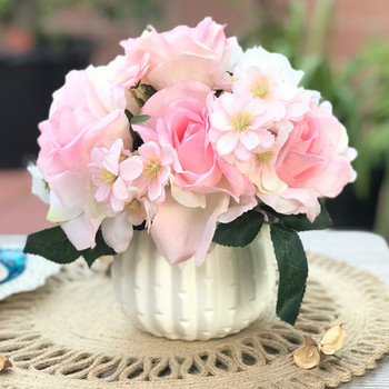 Pink Open Rose and Mixed Flower Arrangement With White Ceramic Vase