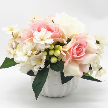 Pink Open Rose and Mixed Flower Arrangement With White Ceramic Vase