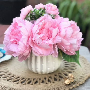 Pink Artificial Peony Mixed Flower Arrangements With White Ceramic Vase