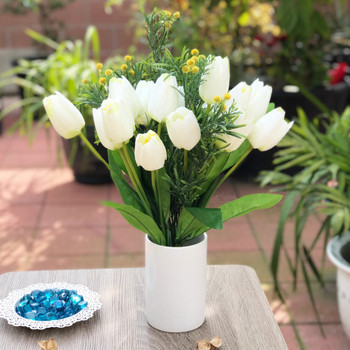 Cream Tulip and Mixed Faux Flower Arrangements With White Ceramic Vase