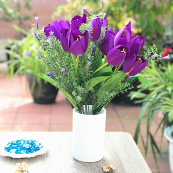 Purple Tulip and Mixed Faux Flower Arrangements With White Ceramic Vase