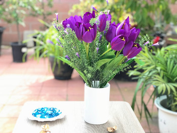 Purple Tulip and Mixed Faux Flower Arrangements With White Ceramic Vase