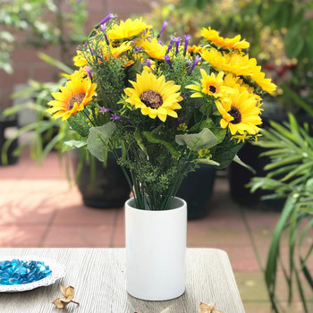  Sunflower and  Purple Mixed Faux Flower Arrangements With White Ceramic Vase