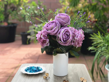 Purple Rose  and  Hydrangea Mixed Faux Flower Arrangements With White Ceramic Vase