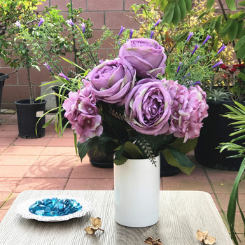 Purple Rose  and  Hydrangea Mixed Faux Flower Arrangements With White Ceramic Vase