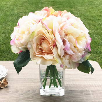 Champagne Peony  Rose  and Hydrangea Mixed Faux Flower Arrangement With Clear Glass Vase