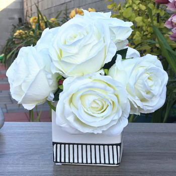 Cream Artificial Open Rose Flower Arrangements With White Square Ceramic Vase