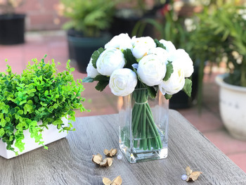 Cream Artificial Ranunculus Flower Arrangement With Clear Glass Vase