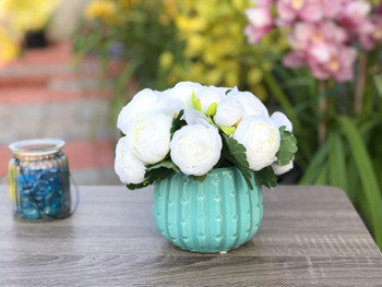 Cream Artificial Ranunculus Flower Arrangement With Blue Ceramic Vase