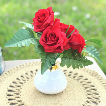 Red Artificial Open Rose Mixed Flower Arrangement in White Decoration Vase