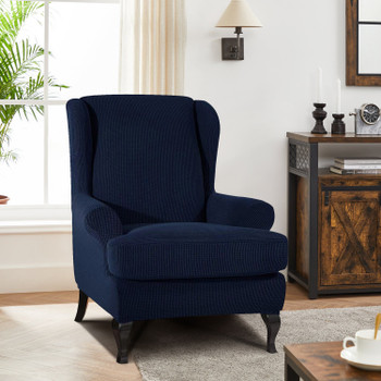 Dark Blue Stretch Jacquard Spandex Fabric T-Cushion Wingback Slipcover 