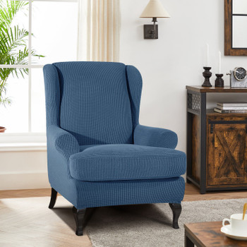Denim Blue Stretch Jacquard Spandex Fabric T-Cushion Wingback Slipcover 