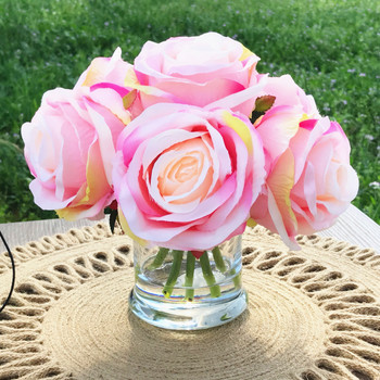 Pink 7  Heads Open Rose Silk Flower Arrangement in Clear Glass Vase with Faux Water