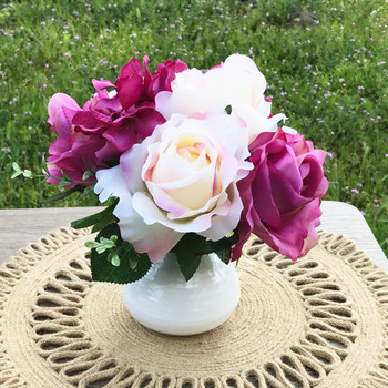 Purple and Cream  Open Rose and Hydrangea Silk Flower Arrangement in White Decoration Vase