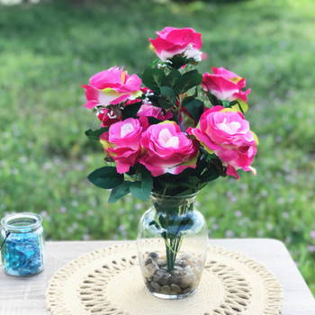 Pink Open Rose Silk Flower Arrangement in Clear Glass Vase with Faux Water