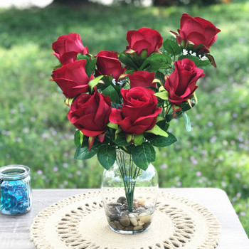 Red Open Rose Silk Flower Arrangement in Clear Glass Vase with Faux Water