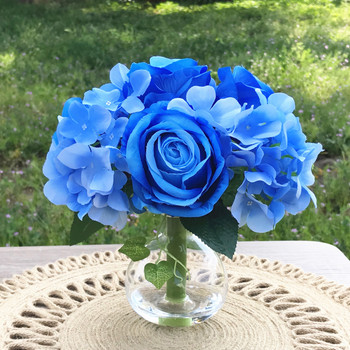 Blue  Open Rose and Hydrangea Silk Flower Arrangement in Clear Glass Vase with Faux Water