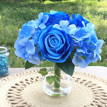 Blue  Open Rose and Hydrangea Silk Flower Arrangement in Clear Glass Vase with Faux Water