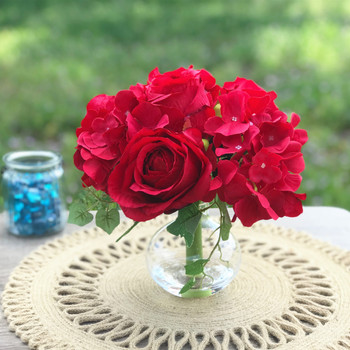 Red  Open Rose and Hydrangea Silk Flower Arrangement in Clear Glass Vase with Faux Water