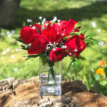 12 Heads Red  Rose Velet Flower Arrangement in Clear Glass Vase with Faux Water