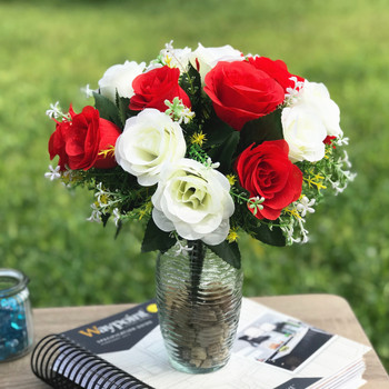 18 Heads Red and Cream Rose Silk Flower in Glass Vase with River Rock