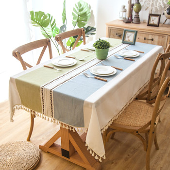 54"x 80" Turquoise and Light Blue High Quality Rectangle Cotton and Linen Tablecloth with Tassels