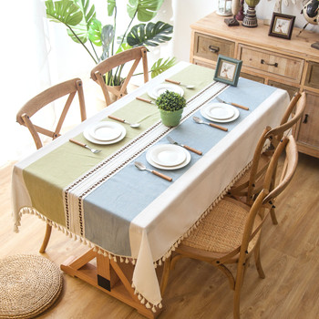 54"x 80" Turquoise and Light Blue High Quality Rectangle Cotton and Linen Tablecloth with Tassels