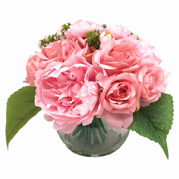 Pink  Rose and Peony Mixed Flower Arrangement in Round Glass Vase with Faux Water