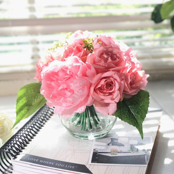 Pink  Rose and Peony Mixed Flower Arrangement in Round Glass Vase with Faux Water