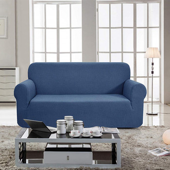Jacquard  Polyester Spandex Fabric Box  Cushion Sofa Slipcovers-Denim Blue