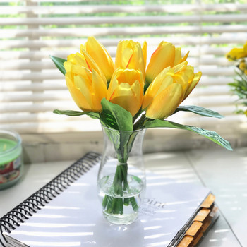 Yellow Silk Tulips Centerpiece  in Clear Glass Vase with Faux Water