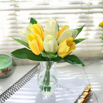 Yellow and Cream Silk Tulips Centerpiece  in Clear Glass Vase with Faux Water