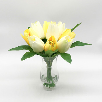 Yellow and Cream Silk Tulips Centerpiece  in Clear Glass Vase with Faux Water