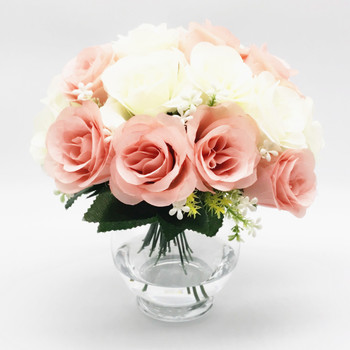 Mixed Pink Silk Rose Flower Arrangement  in Clear Glass Vase with Faux Water