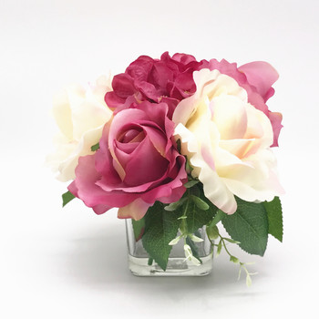 Purple and Cream Mixed Silk Rose and Hydrangea Flower Arrangement  in Clear Glass Vase 