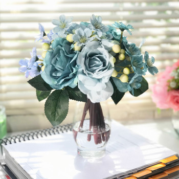  Azure Silk Rose and Mixed Flower Arrangements in Clear Glass Vase with Faux Water