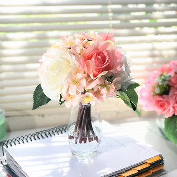 Pink and Cream Silk Rose and Mixed Flower Arrangements in Clear Glass Vase with Faux Water