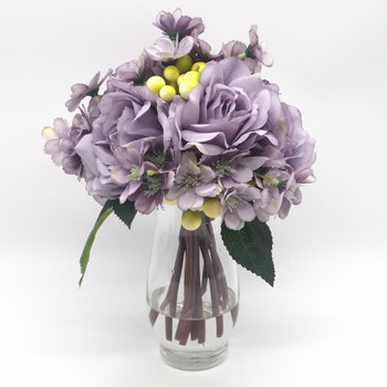 Purple Silk Rose and Mixed Flower Arrangements in Clear Glass Vase with Faux Water