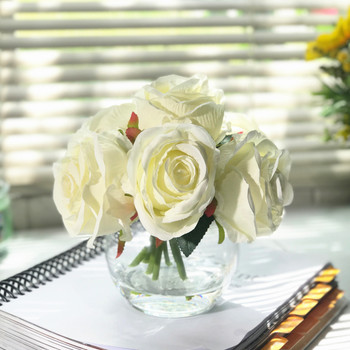 7  Cream Open Rose Silk Flower Stem in Round Clear Glass Vase with Faux Water