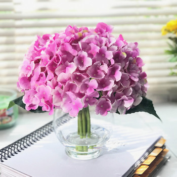  10 Stem Purple Silk Hydrangea Flower in Round Clear Glass Vase with Faux Water