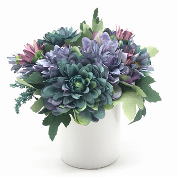 Blue Silk Daisy and Mixed Flower Arrangements in White Ceramic Vase