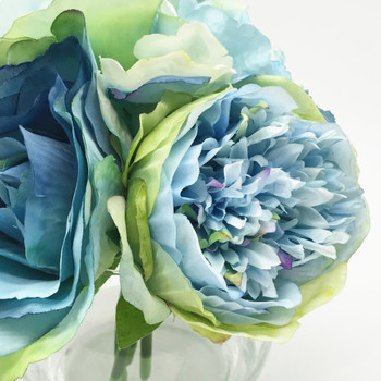 Blue Mixed Open Rose and Peony Silk Flower  in Clear Glass Vase with Faux Water
