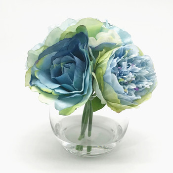 Blue Mixed Open Rose and Peony Silk Flower  in Clear Glass Vase with Faux Water