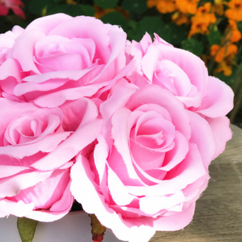 Pink Silk Rose Flower Arrangement in White Pot