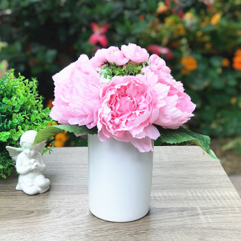 Pink Silk Peony Flower Arrangement in White Ceramic Vase