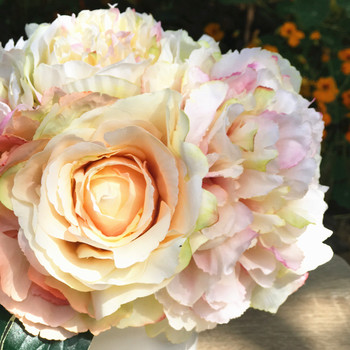 Champagne Silk Peony and Rose Mixed Flower Arrangement in White Ceramic Vase