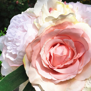 Pink Silk Peony and Rose Mixed Flower Arrangement in White Ceramic Vase