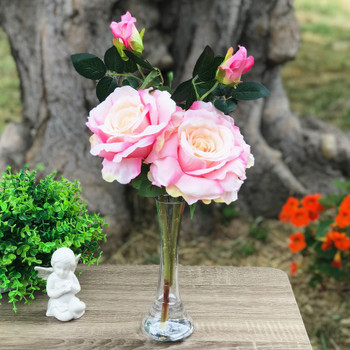 2 Large Stems Pink Silk Open Rose Flower  in Clear Glass Vase