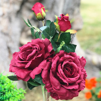 2 Large Stems Burgundy Silk Open Rose Flower  in Clear Glass Vase